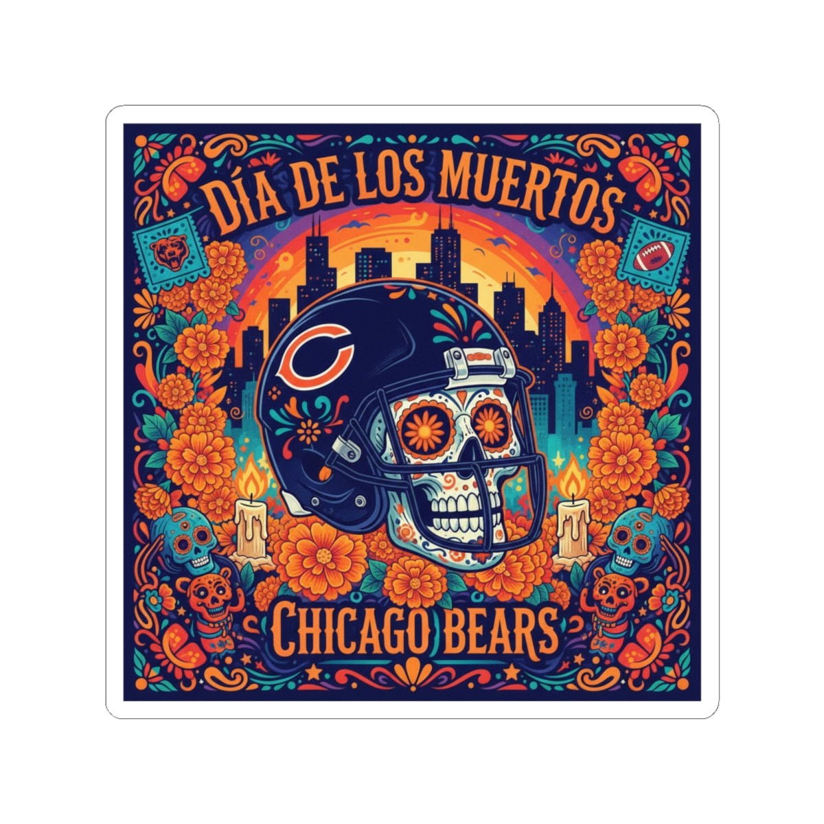 Chicago Bears Día de los Muertos Sticker — Sugar Skull Football Helmet Kiss-Cut Sticker
