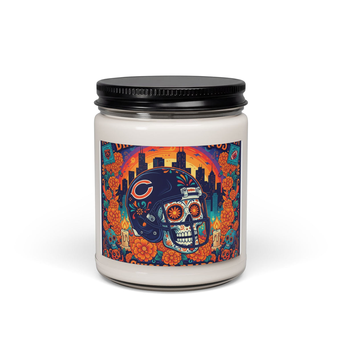 Chicago Bears Day of the Dead Skull Candle — 9oz Scented Soy Jar