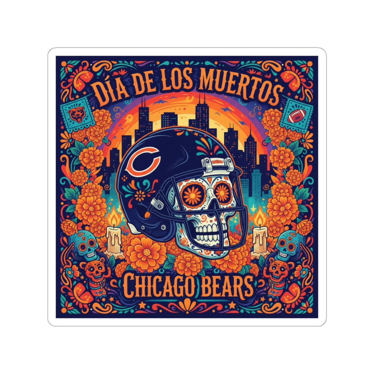 Chicago Bears Día de los Muertos Sticker — Sugar Skull Football Helmet Kiss-Cut Sticker