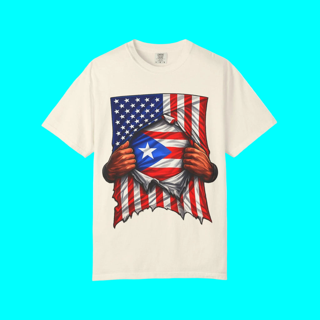 Puerto Rico Flag + USA Flag Heritage T-shirt | Puerto Rican + American Culture 4th Of July | Funny Viral Latino Tees | Heavyweight Cotton