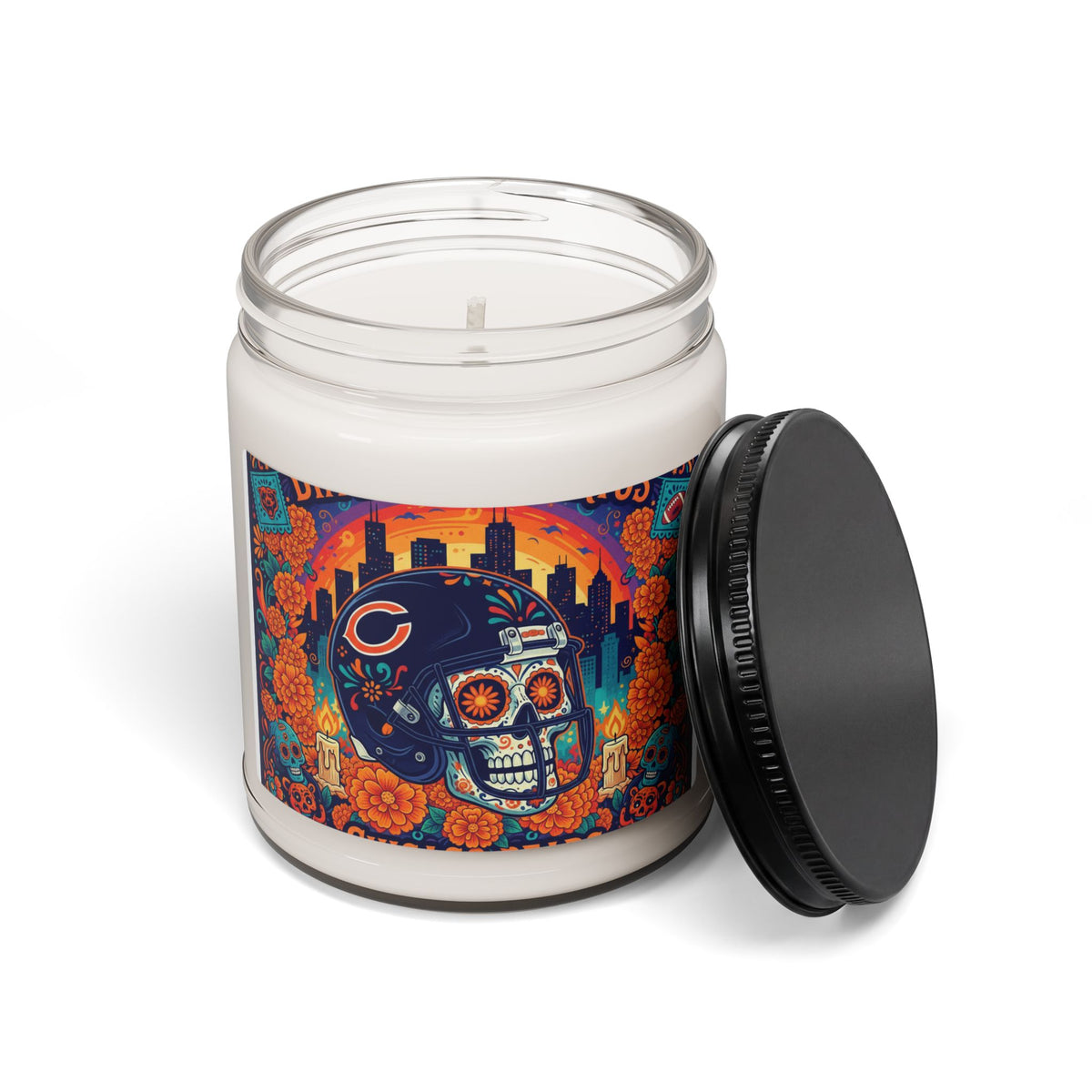 Chicago Bears Day of the Dead Skull Candle — 9oz Scented Soy Jar