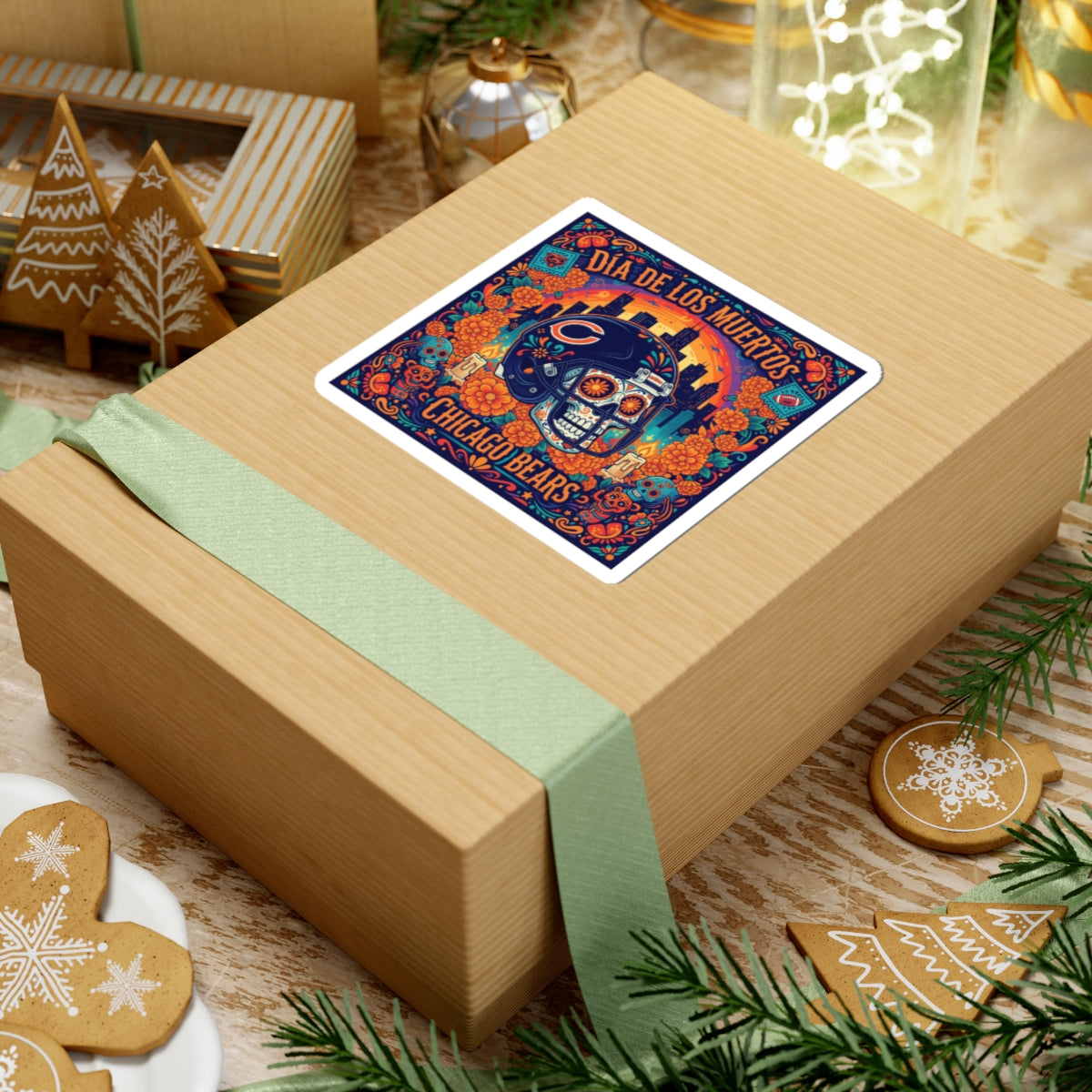 Chicago Bears Día de los Muertos Sticker — Sugar Skull Football Helmet Kiss-Cut Sticker