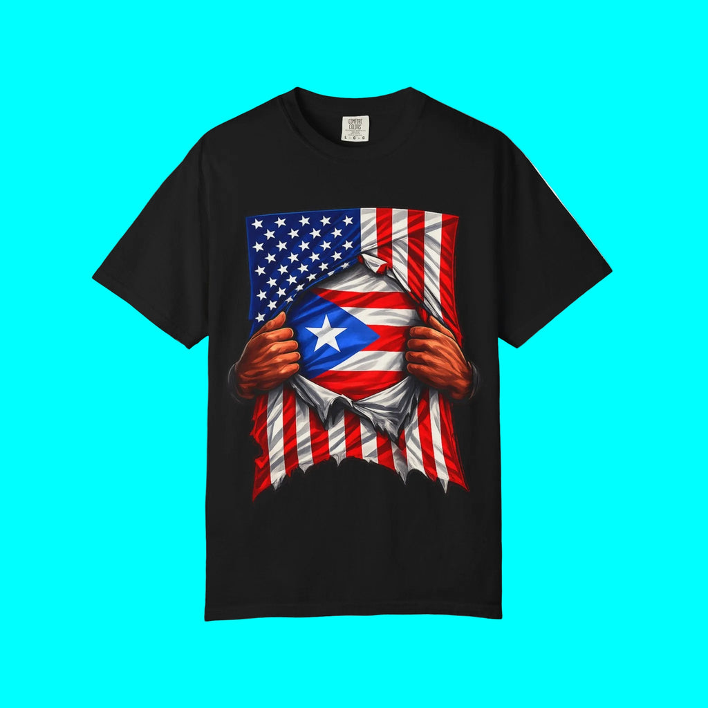Puerto Rico Flag + USA Flag Heritage T-shirt | Puerto Rican + American Culture 4th Of July | Funny Viral Latino Tees | Heavyweight Cotton