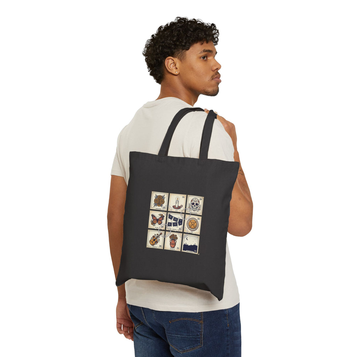Dia de los Muertos collage tote, sugar skull tile art cotton canvas