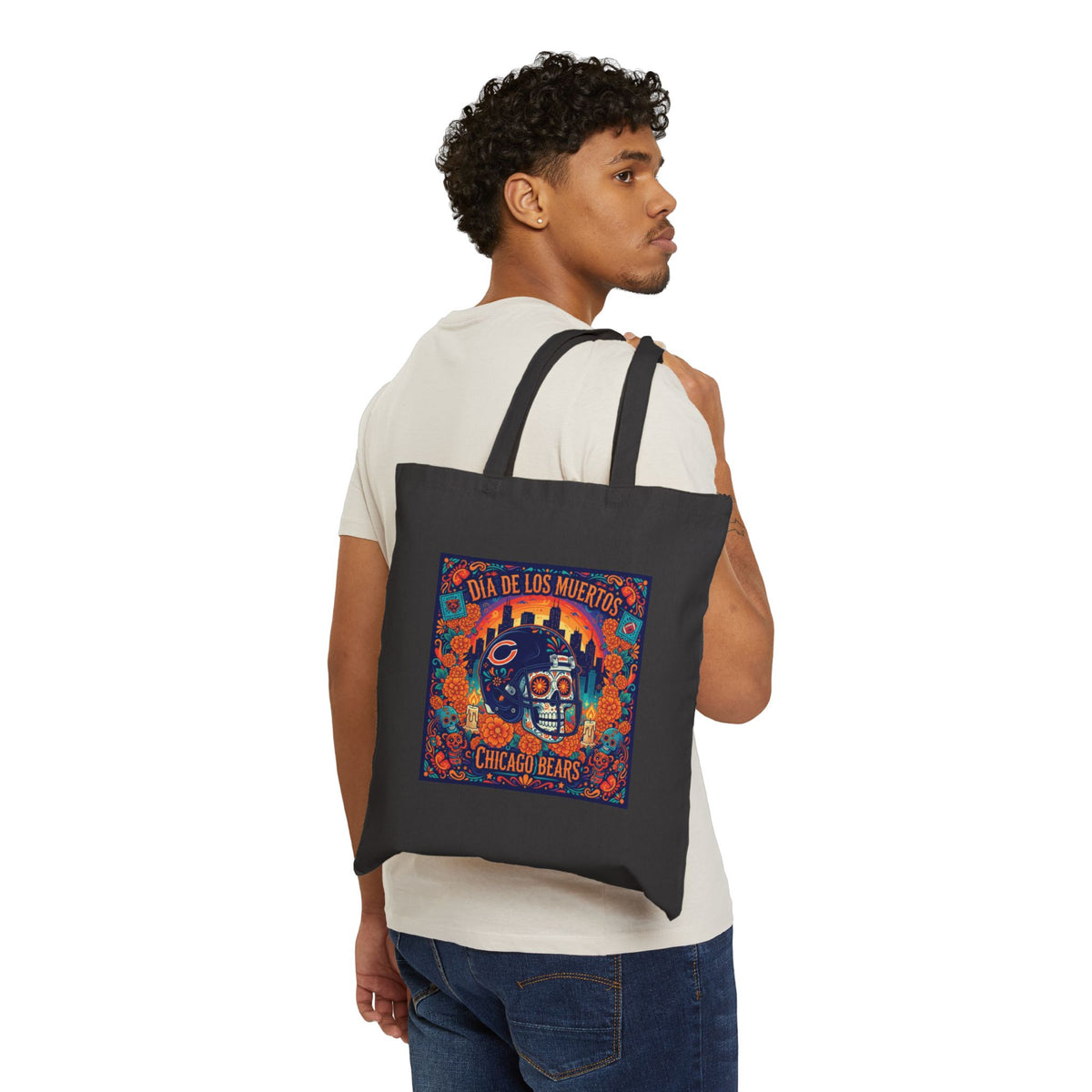 Day of the Dead Chicago Bears Tote Bag – Dia de los Muertos Canvas Grocery Tote