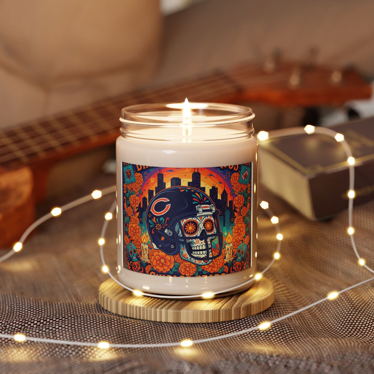 Chicago Bears Day of the Dead Skull Candle — 9oz Scented Soy Jar