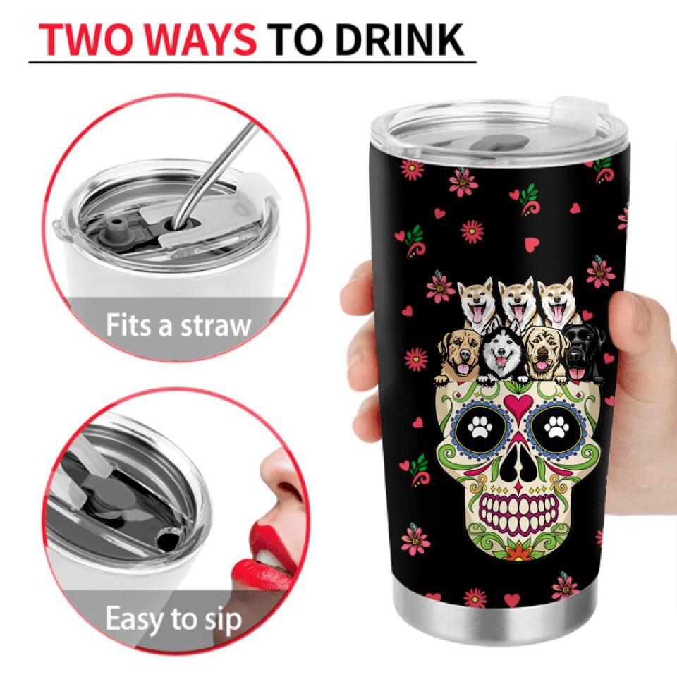 Personalized Sugar Skull Tumbler - Gift for Dog/Cat Lovers - Up to 7 Pets