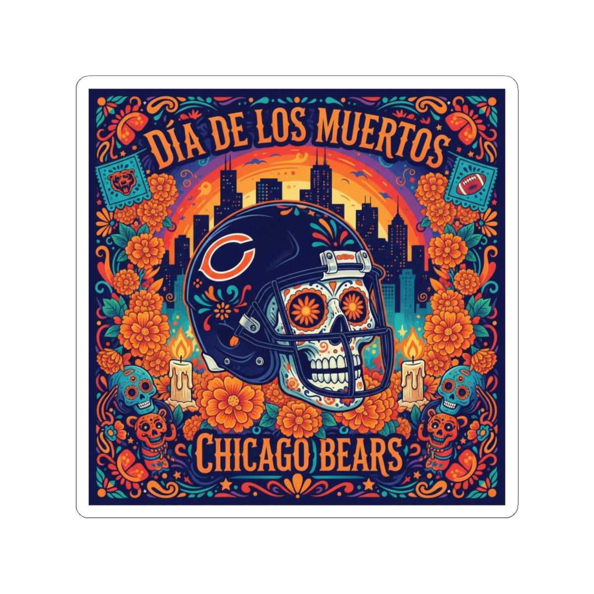 Chicago Bears Día de los Muertos Sticker — Sugar Skull Football Helmet Kiss-Cut Sticker
