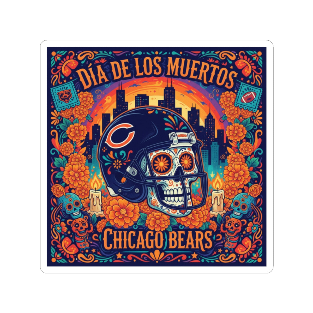 Chicago Bears Día de los Muertos Sticker — Sugar Skull Football Helmet Kiss-Cut Sticker