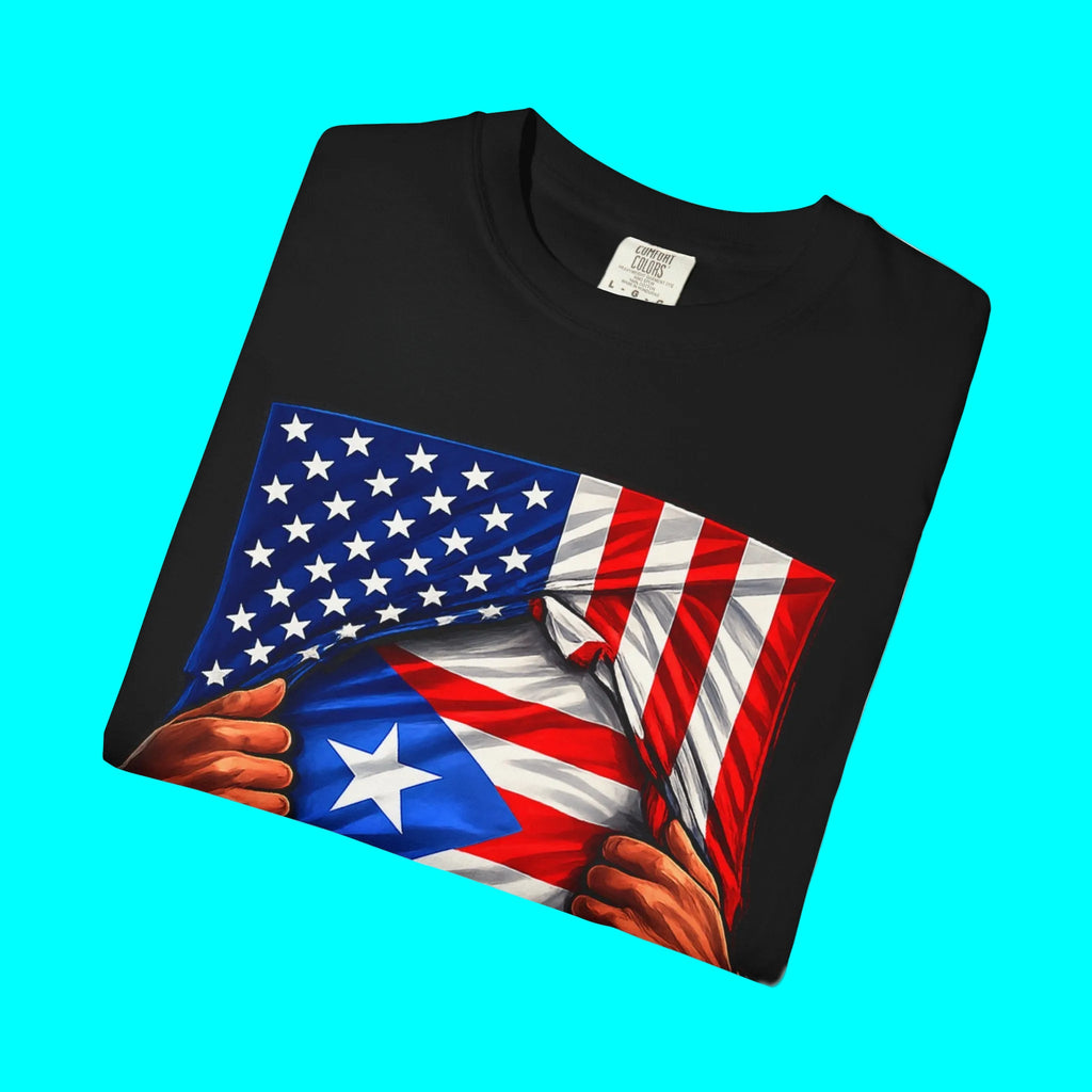 Puerto Rico Flag + USA Flag Heritage T-shirt | Puerto Rican + American Culture 4th Of July | Funny Viral Latino Tees | Heavyweight Cotton