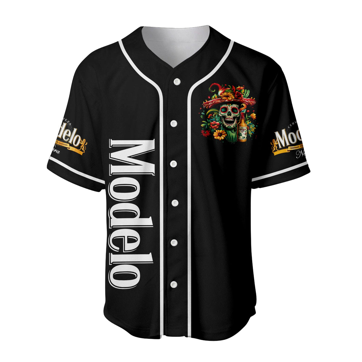 Día de los Muertos All-Black Skull Baseball Jersey – Modelo Negra Unisex Shirt