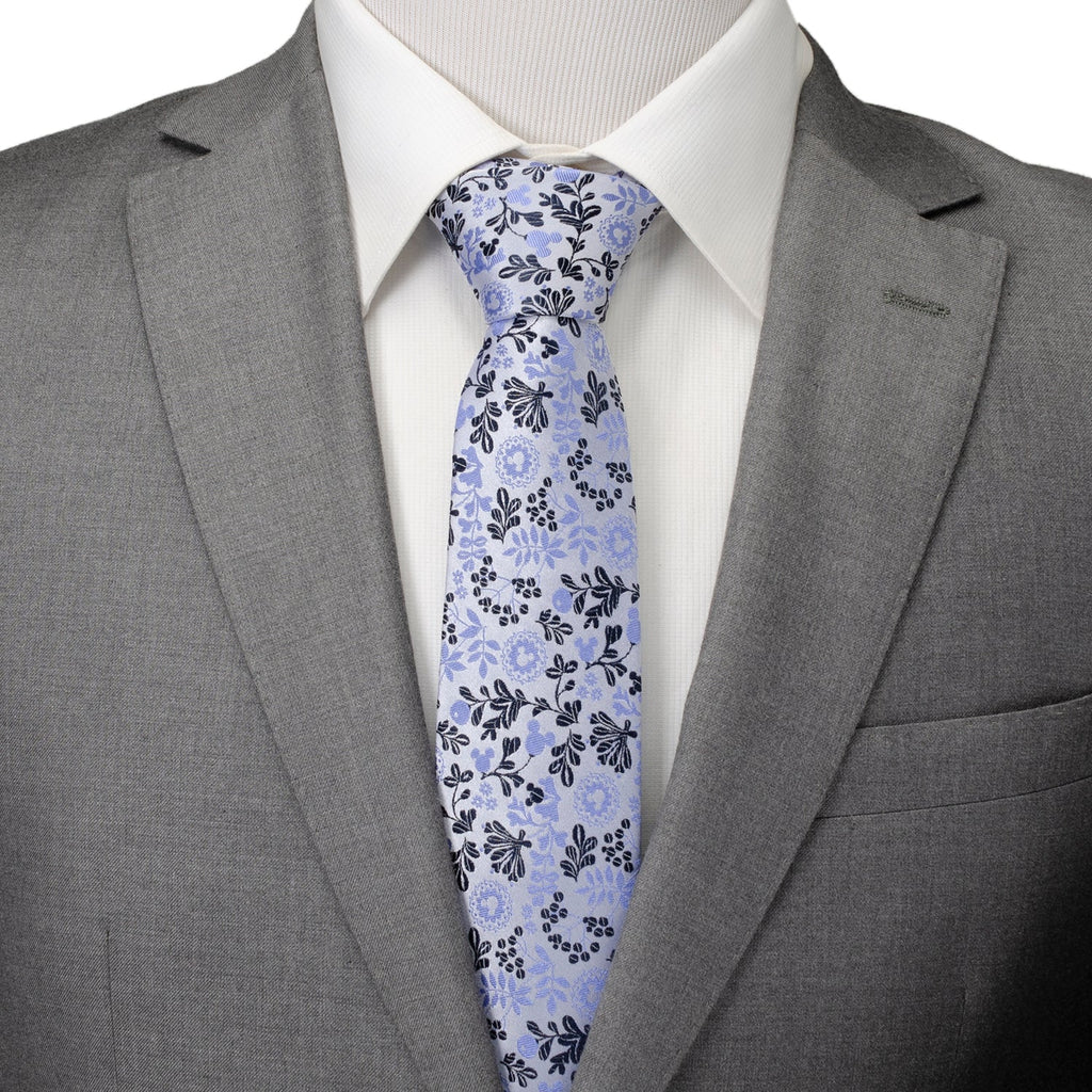 Disney Mickey Mouse Floral Silhouette Blue and White Tie