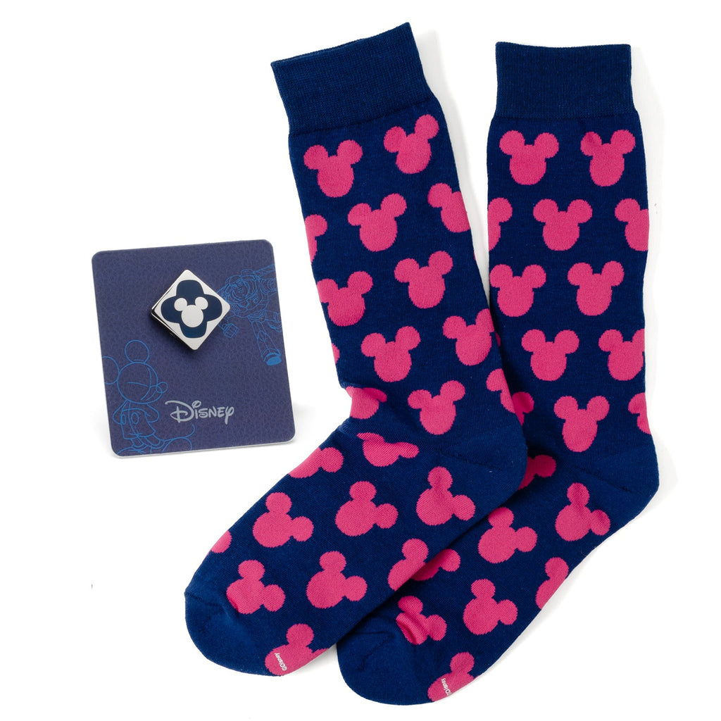 Disney Mickey Mouse Silhouette Pink Sock and Mickey Blue Lapel Pin Gift Set
