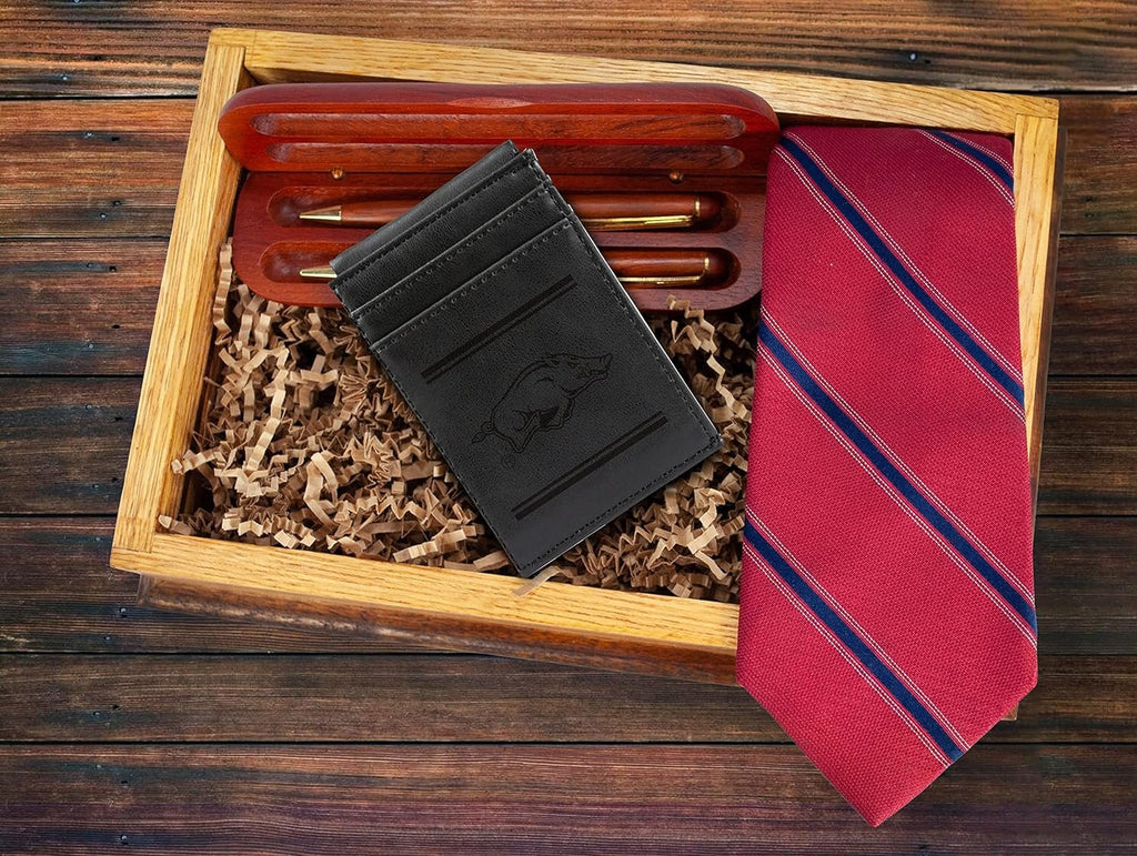 University of Arkansas Razorbacks Premium Black Leather Wallet, Front Pocket Magnetic Money Clip, Laser Engraved, Vegan