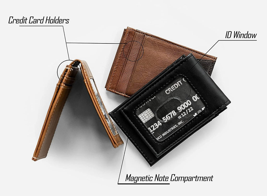 University of Wisconsin Badgers Premium Brown Leather Wallet, Front Pocket Magnetic Money Clip, Laser Engraved, Vegan