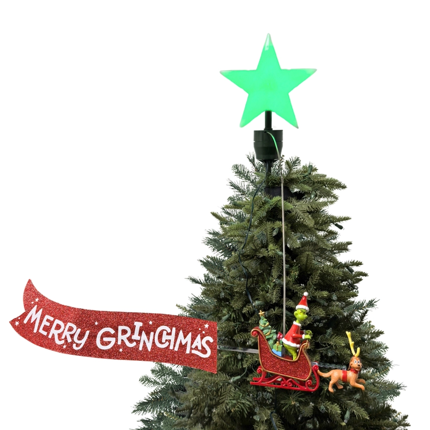 Animated 3D Grinch Sleigh Tree Topper with Banner